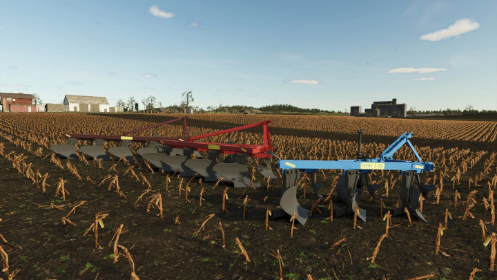 fs25-mods, PLN Plows Pack mod in Farming Simulator 25 showcases red and blue plows in a harvested field. FS25 mods feature.