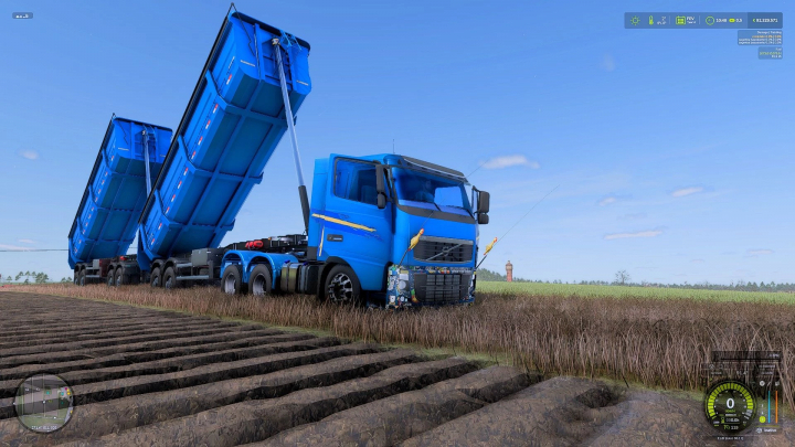 fs25-mods, FS25 mod RODOTREM BASCULANTE GRANDE v1.0.0.1 with blue trailer on a field.