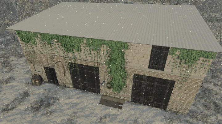 fs25-mods,  Small cowshed with garage covered in snow, FS25 mods.