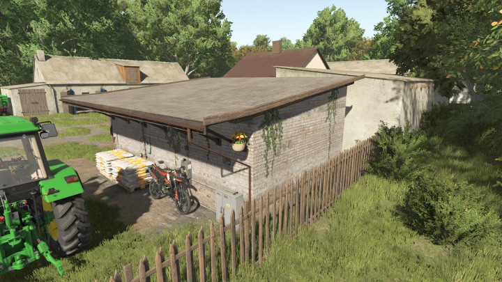 fs25-mods, Small Garage mod for FS25 showing a brick garage, motorbike, and tractor in a rural setting.