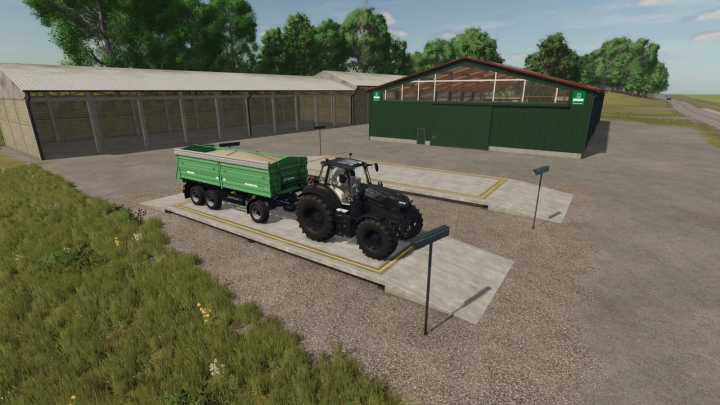 fs25-mods, FS25 mod Weighing Stations v1.0.0.0 showing a tractor with a trailer on a weighbridge in Farming Simulator 25.