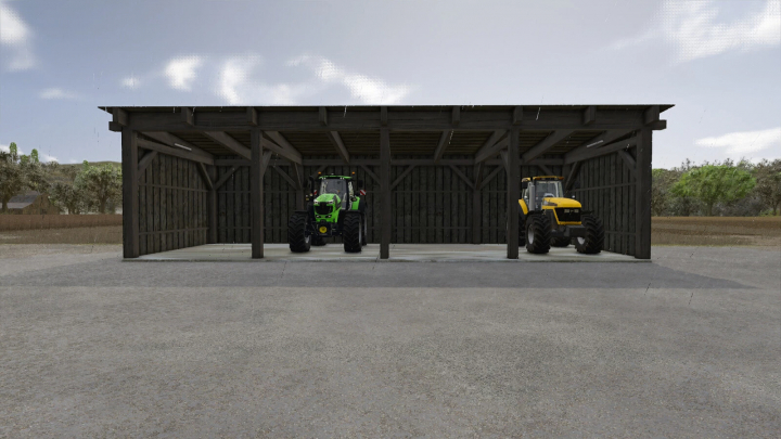 fs25-mods, Wooden shelter in FS25 mod displays tractors parked inside, enhancing farm storage solutions.