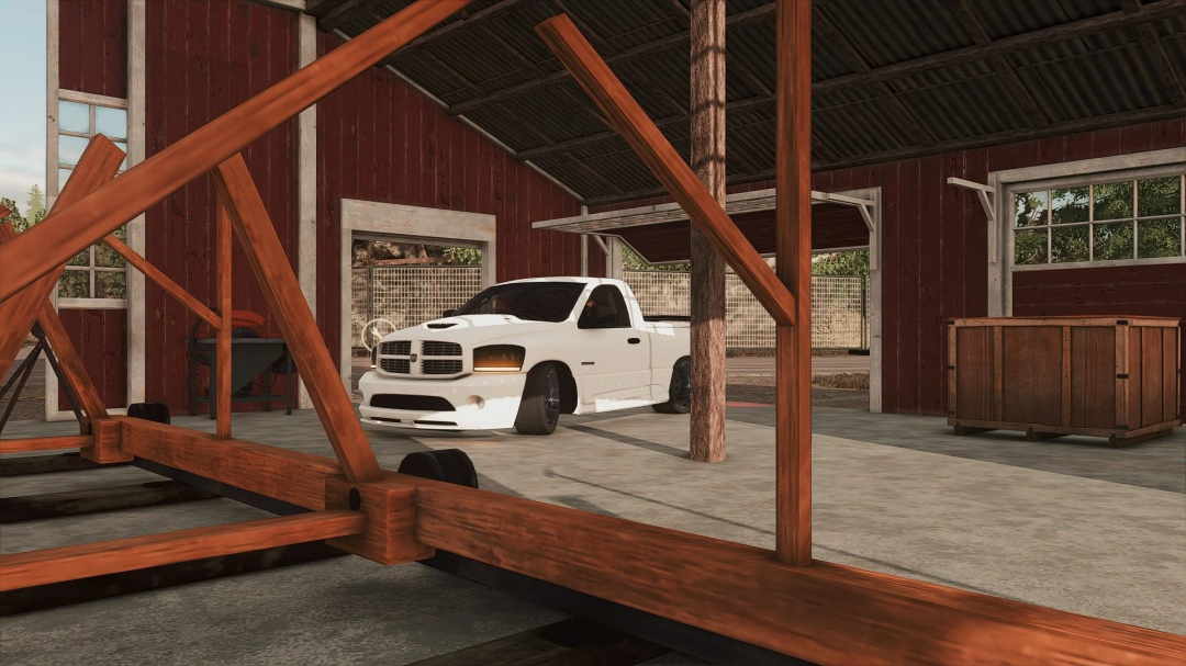 FS25 mod: 2004 Dodge Ram SRT-10 parked in a barn, Farming Simulator 25