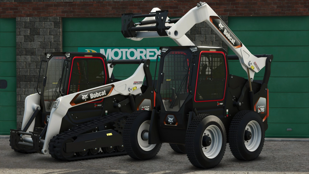 FS25 Bobcat T76 Platinium Skid Steer mod showcasing two skid steer loaders, one with tracks and one with wheels, in Farming Simulator 25.