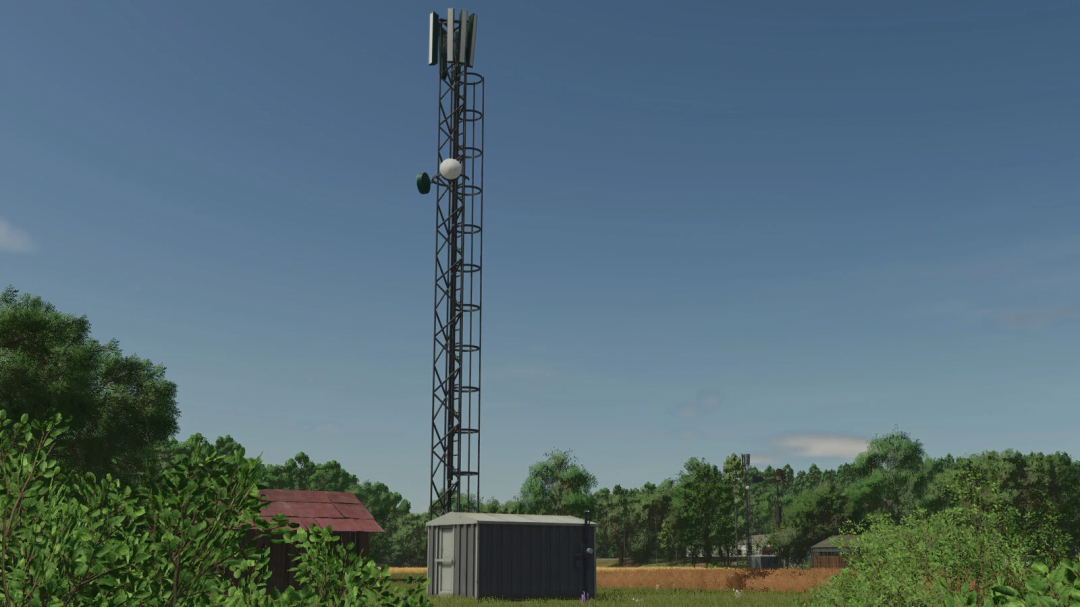 FS25 mod Cellular Antenna v1.0.0.0 on a farm landscape, enhancing communication features in Farming Simulator 25.