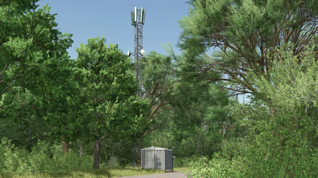 A cellular antenna surrounded by trees in FS25 mod Cellular Antenna v1.0.0.0 for Farming Simulator 25.