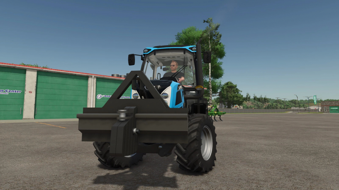 Tractor with Counterweight 750 mod in FS25 game, parked in front of green building.