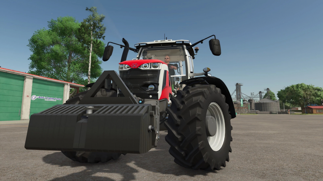 Front view of a tractor with Counterweight 750 mod in FS25, enhancing stability for Farming Simulator 25 tasks.