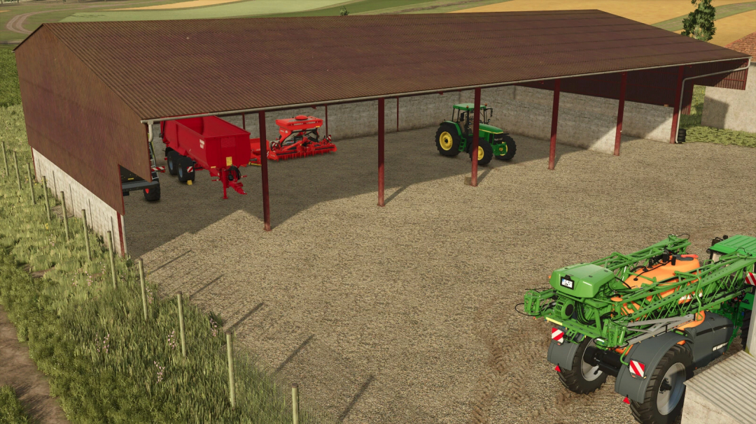 FS25 Cow Farm Pack v1.0.0.0 showing barn with tractors and farming equipment.