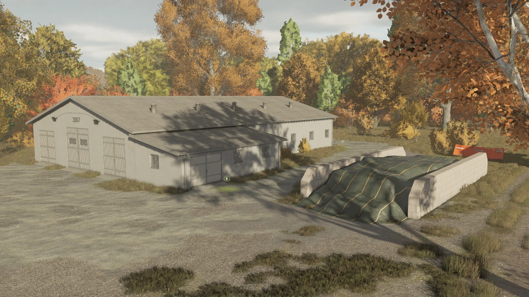 Cow Shed 29x16 mod in FS25, featuring a large barn surrounded by autumn foliage.