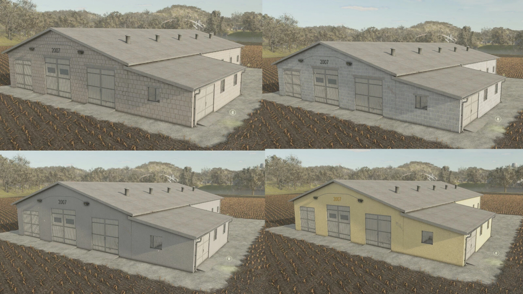 Cow Shed 29x16 v1.0.0.0 mod for FS25, showing four variations of the building set in a rural landscape.