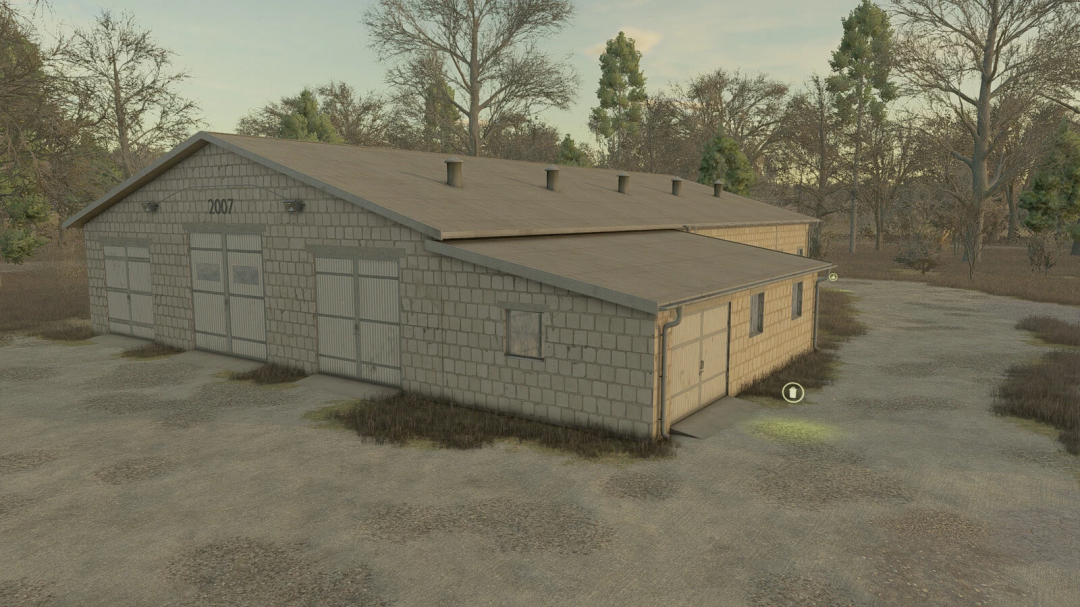 Cow Shed 29x16 mod for FS25, depicting a rustic barn in a wooded area.