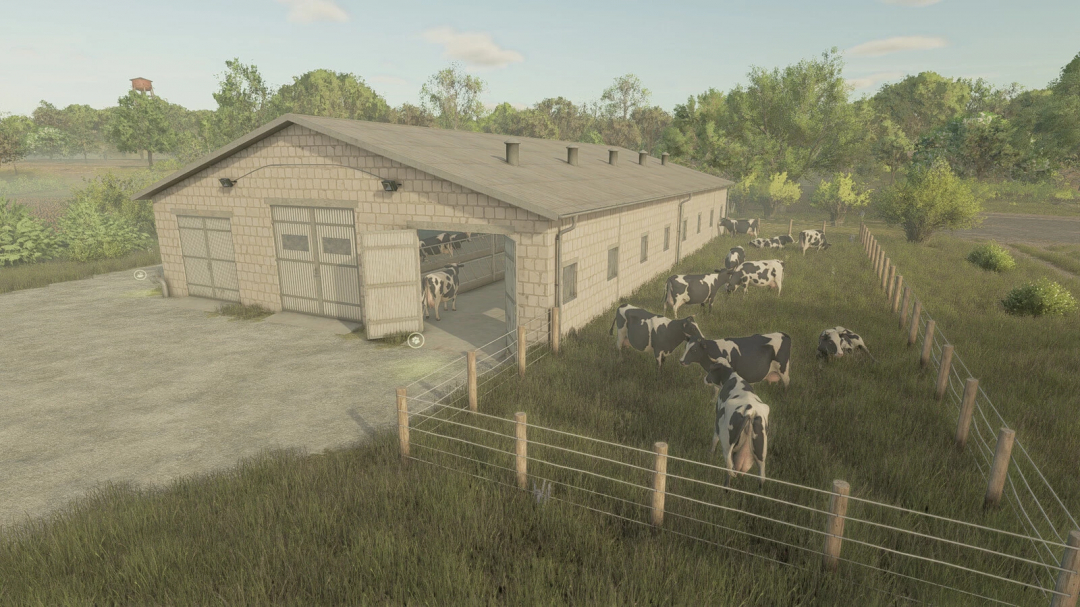 Cow Shed 29x16 mod for FS25 showing a large barn with grazing cows in Farming Simulator 25.