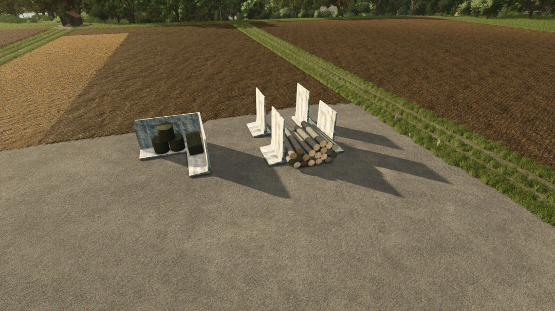 FS25 mod Deko Stones T And L Big Pack 1 v1.0.0.0 featuring stacked logs and cylindrical bales on a farm field.