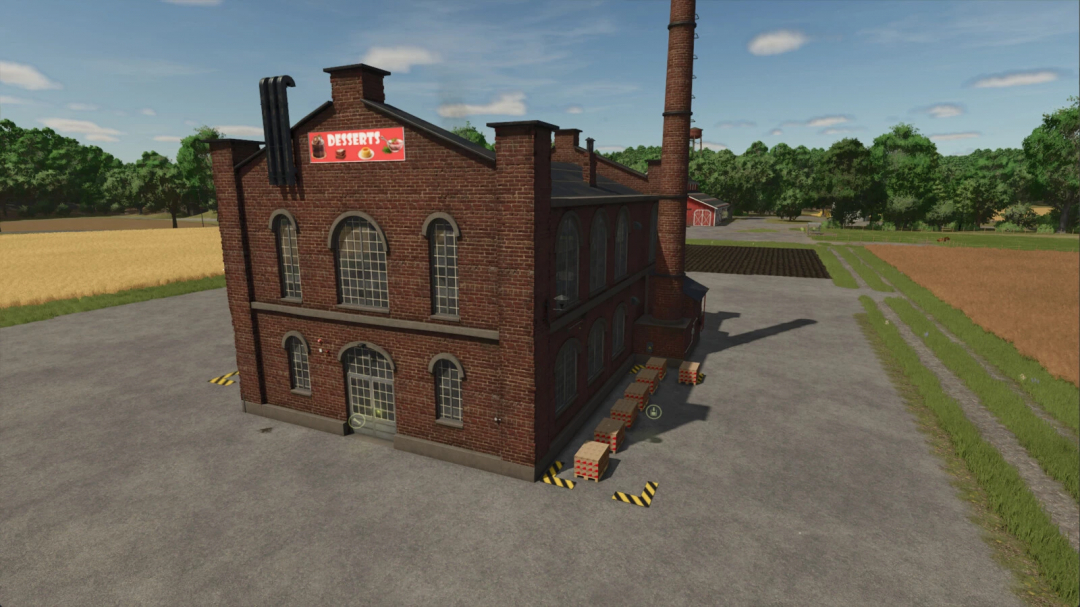 Brick dessert factory building in Farming Simulator 25 mod, Dessert Factory v1.0.0.0, surrounded by fields.