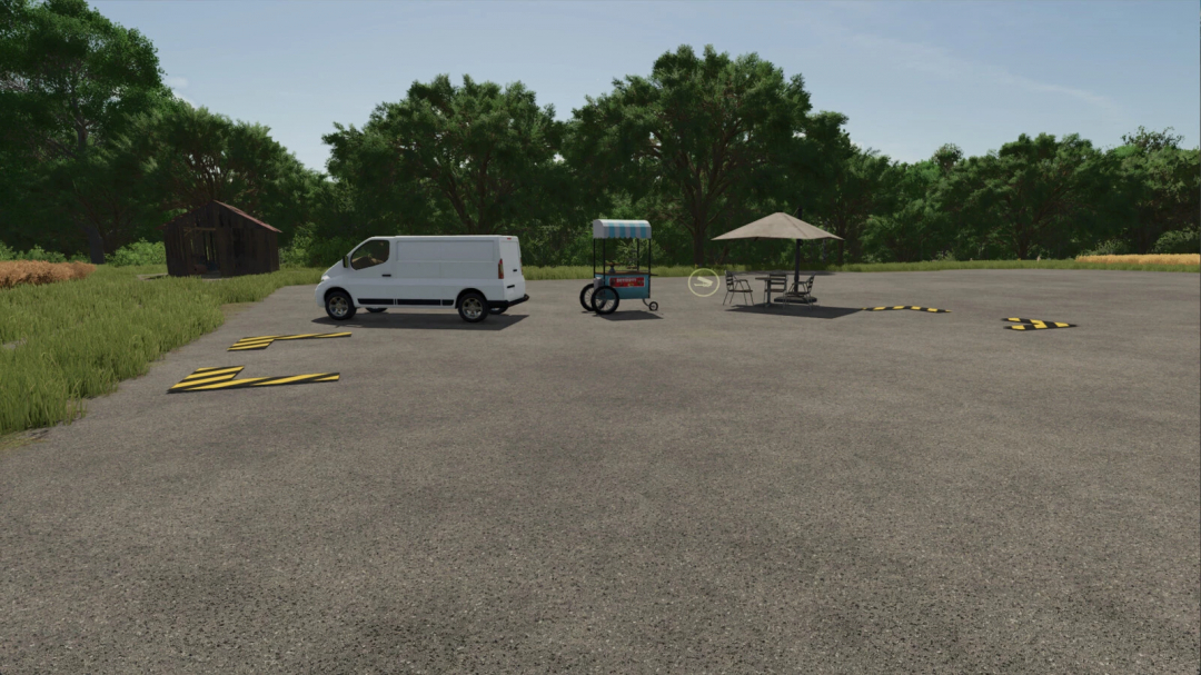 FS25 Dessert Factory mod features a white van, food cart, and picnic table setup in a rural setting.