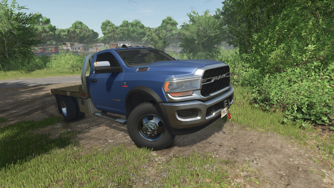 Dodge Ram 5500 truck mod in Farming Simulator 25, parked on a dirt road surrounded by greenery.