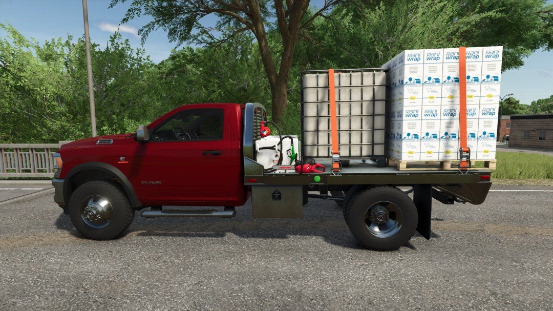 Dodge Ram 5500 mod in FS25 with cargo loaded on the flatbed.