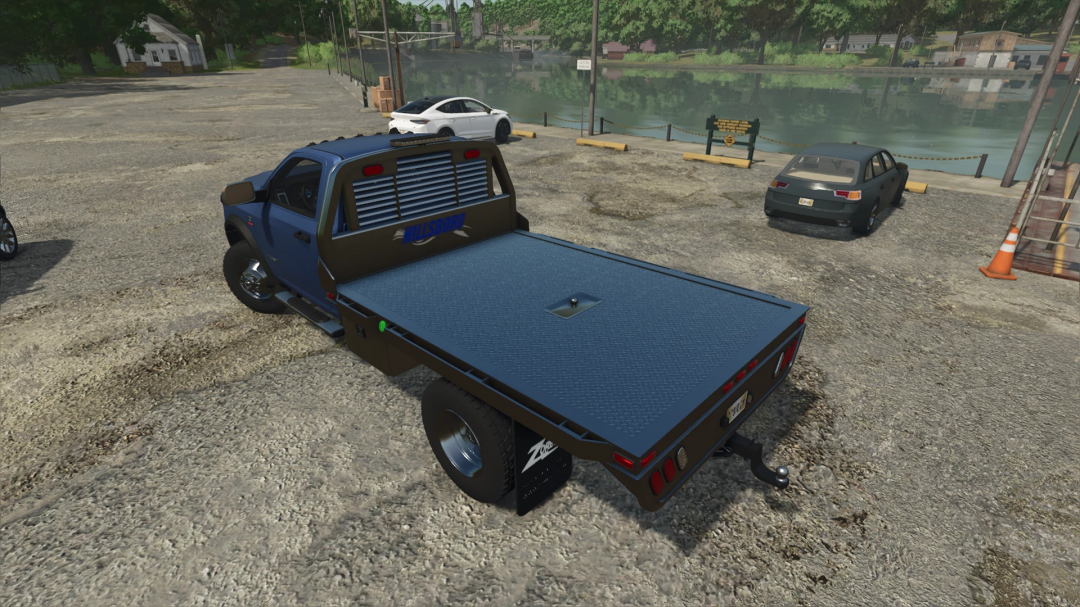 Dodge Ram 5500 mod in Farming Simulator 25 with flatbed parked by a river, showcasing FS25 mods.