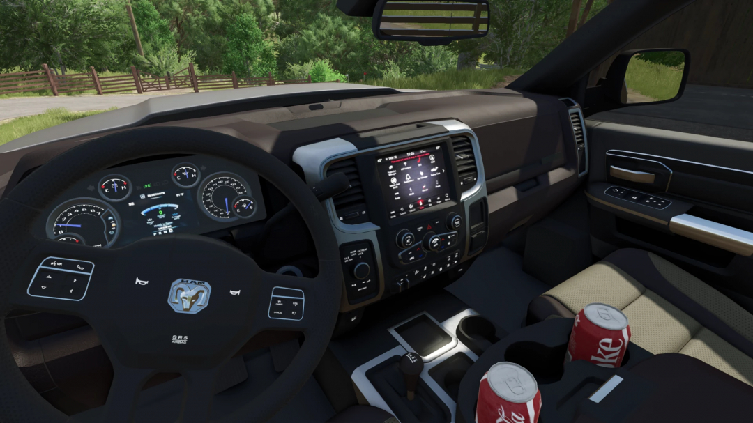 Interior view of Dodge Ram 5500 v1.7.0.0 mod in FS25, showing dashboard and steering wheel detail.