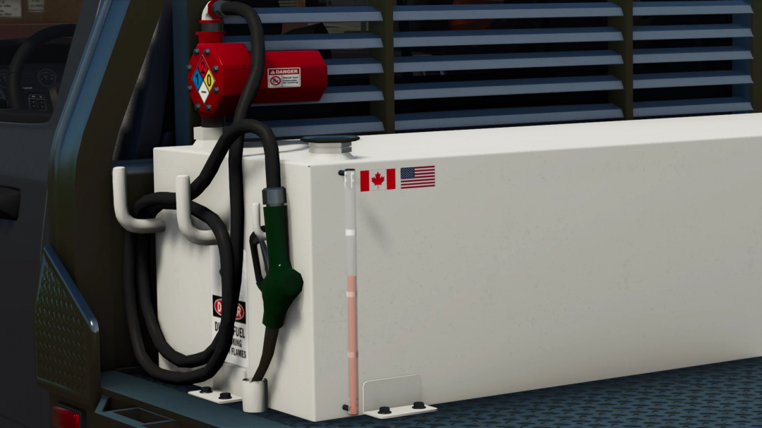 FS25 Dodge Ram 5500 v1.7.0.0 mod with fuel tank showing Canadian and US flags.