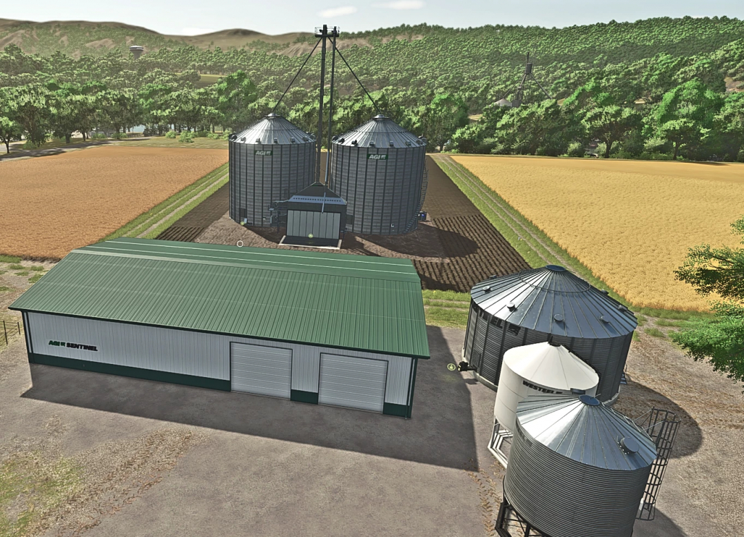 FS25 AGI Pack v1.0.0.0 mod showing silos and storage building in Farming Simulator 25.