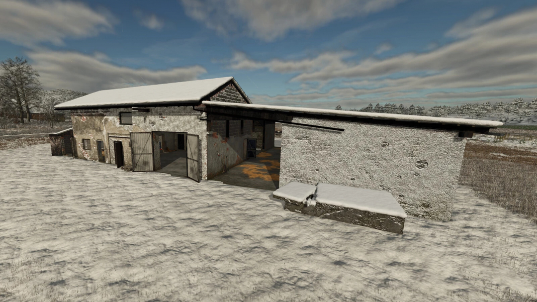 Winter scene of a snow-covered garage with cowshed in FS25 mod, Garage With Cowshed v1.0.0.0.