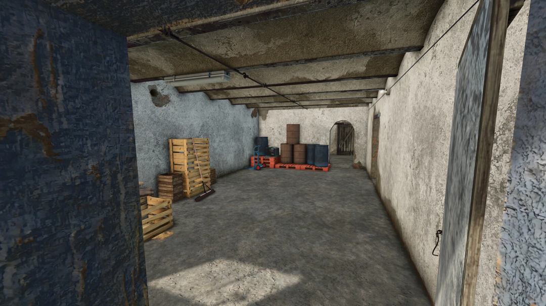 Inside view of Garage With Cowshed mod for FS25, featuring pallets, barrels, and rustic walls.