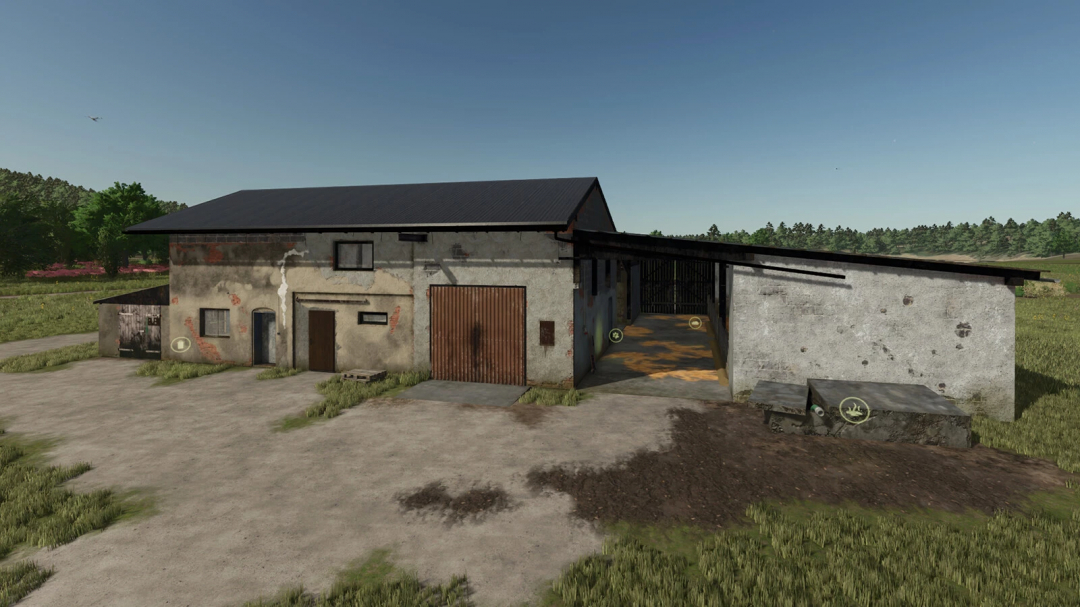 Garage with cowshed mod in FS25 featuring rustic building design, surrounded by fields.