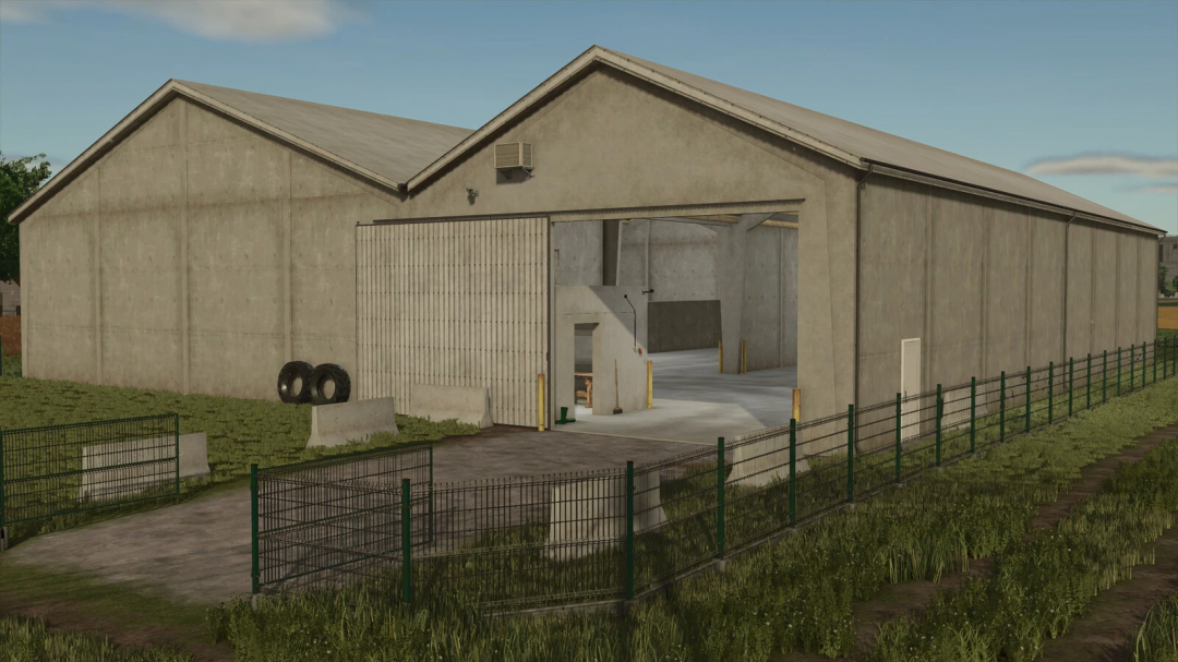 Grain Storages Pack v1.0.0.0 mod in Farming Simulator 25 featuring a large concrete storage facility.