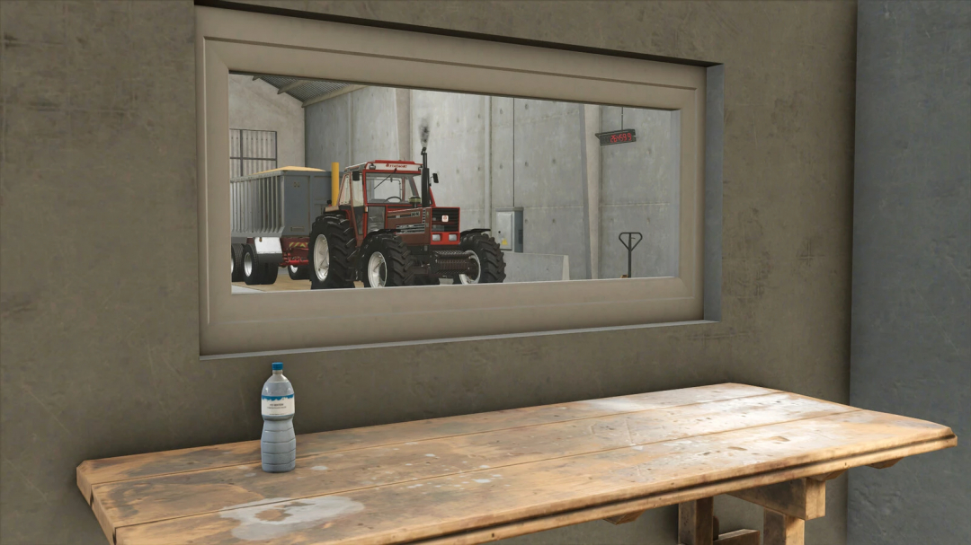 View of tractor and trailer through window in Grain Storages Pack for FS25 mods.