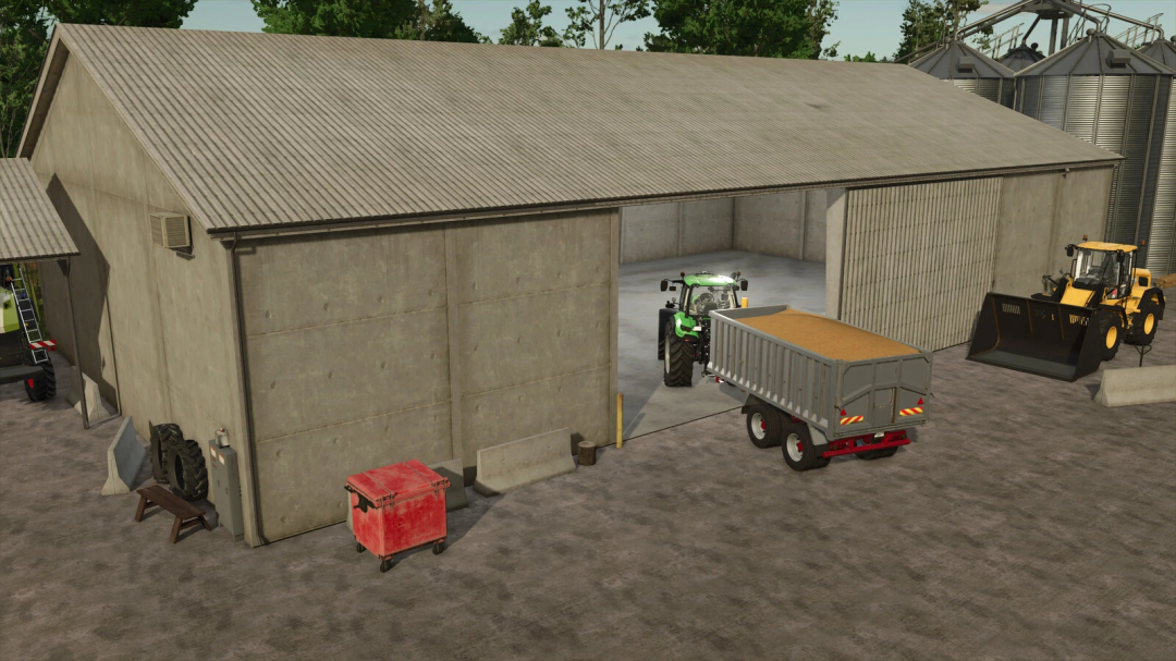 Grain storage building with tractors and equipment in FS25 mods.