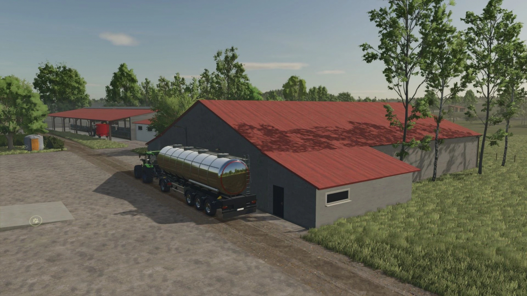 FS25 mod Hallai Farm Pack v1.0.0.0 featuring a red-roofed farm building with a tractor and tanker trailer in the yard.