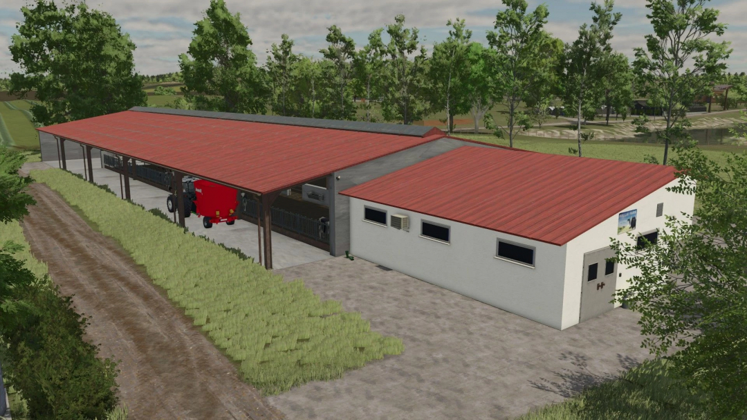 Image of Hallai Farm Pack mod in FS25 showing a red-roofed farm building with tractor and open shelter amidst greenery.