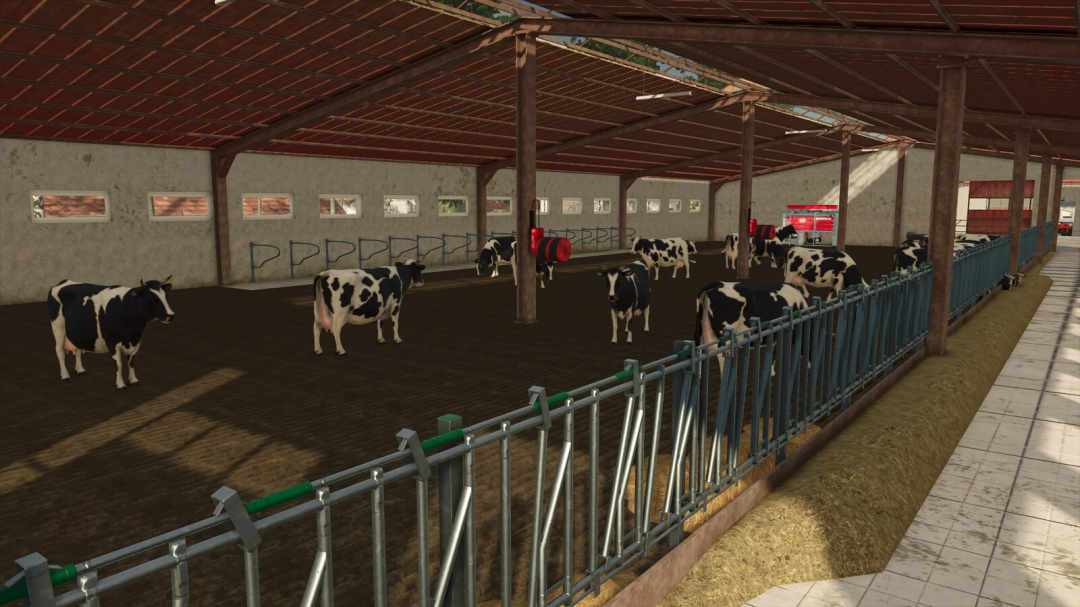 FS25 mod Modern Cow Barn And Garage Pack, featuring cows in a spacious barn with feeding area.