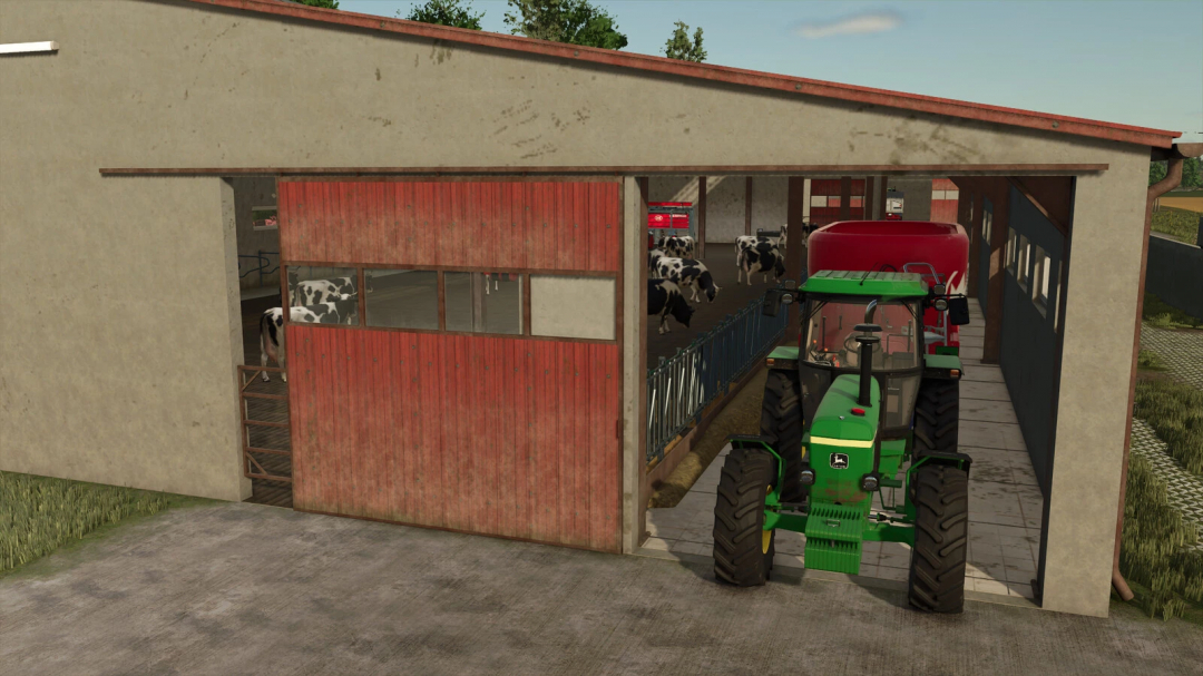 FS25 mod image of a modern cow barn with cows inside and a green tractor parked at the entrance, part of the Modern Cow Barn And Garage Pack v1.0.0.0.