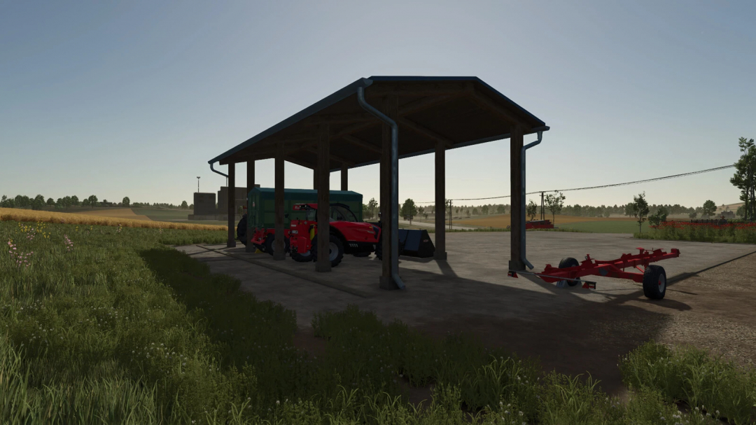 FS25 mod image showing a wooden shed with farming equipment inside, part of New Wooden Sheds v1.0.0.0 for Farming Simulator 25.