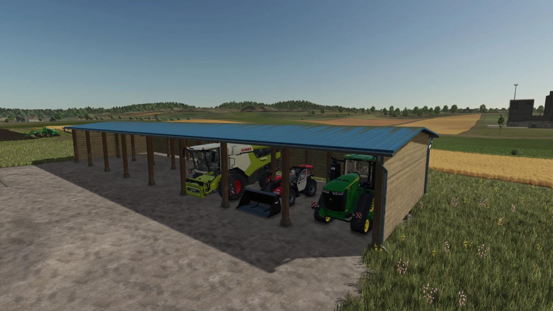 Wooden sheds with tractors and equipment in Farming Simulator 25 mods.