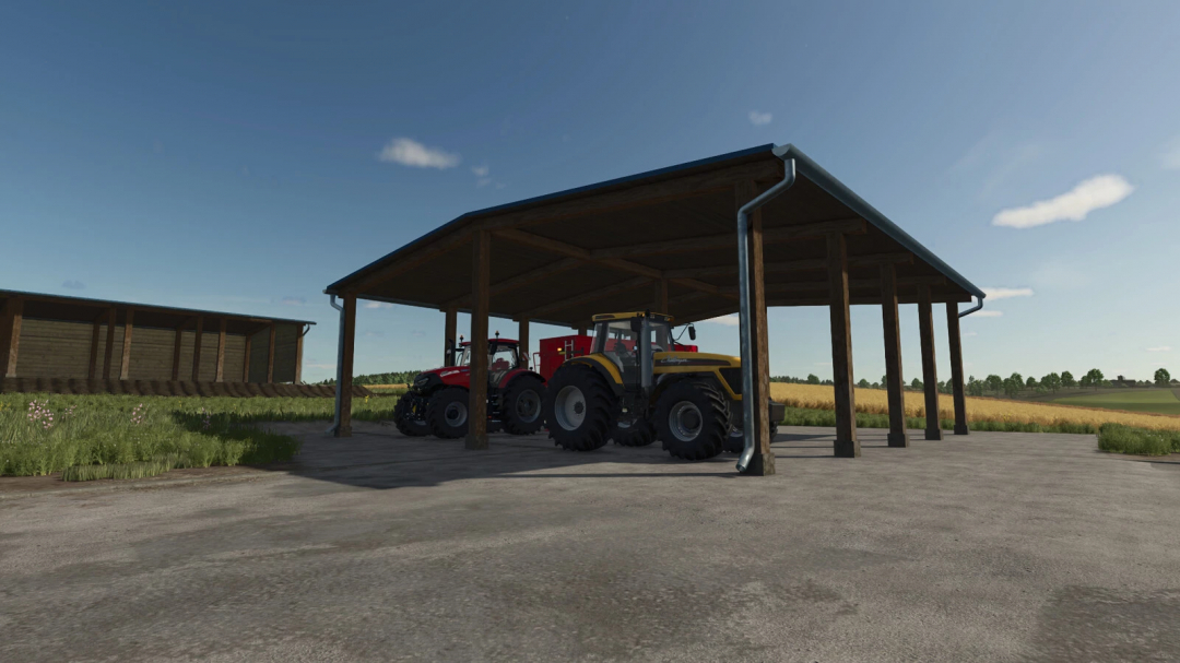 Wooden sheds with tractors in FS25 mods showcase new shelters.