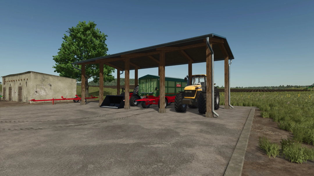 New Wooden Sheds mod in FS25 showcasing farm vehicles under a wooden shed with surrounding fields.