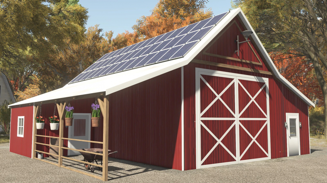 Old Barn v1.0.0.2 mod for FS25, featuring a red barn with solar panels on the roof, surrounded by autumn trees.