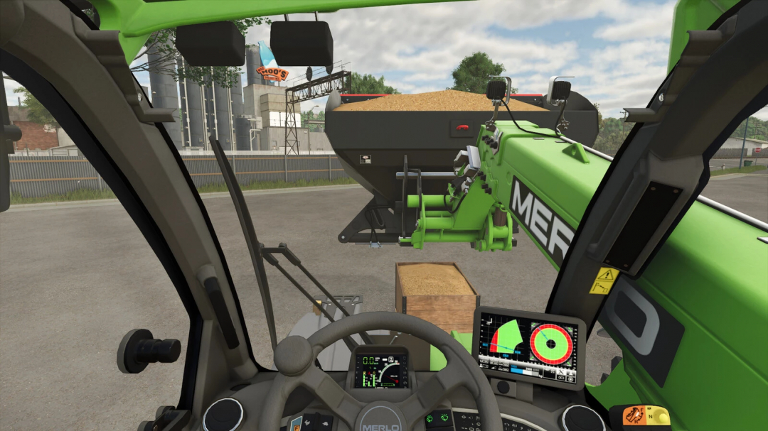 Interior view of a vehicle with Only Inside Vehicle Cameras mod in FS25, showing steering wheel and control screens.