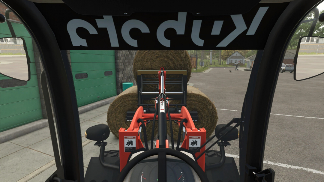 Inside view of a tractor in FS25 mod, showing hay bales being transported. Only Inside Vehicle Cameras v1.0.0.0.