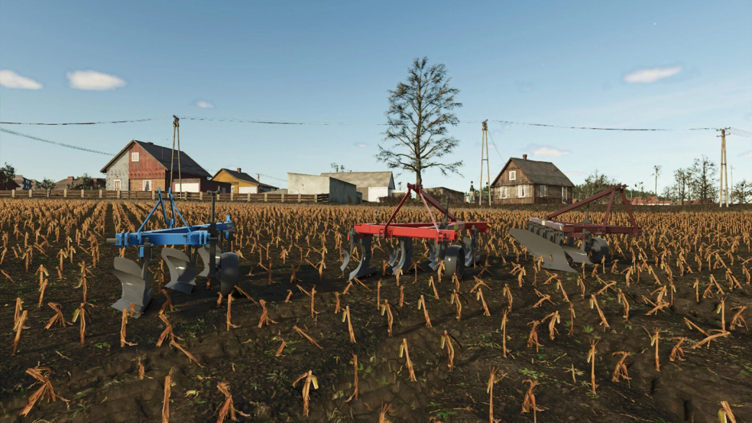 Three PLN Plows in a field in FS25, showcasing the PLN Plows Pack mod in Farming Simulator 25.