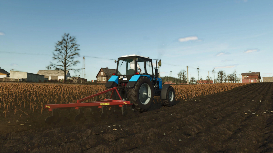 FS25 mod PLN Plows Pack v1.0.0.0 shows a blue tractor plowing a field in Farming Simulator 25.