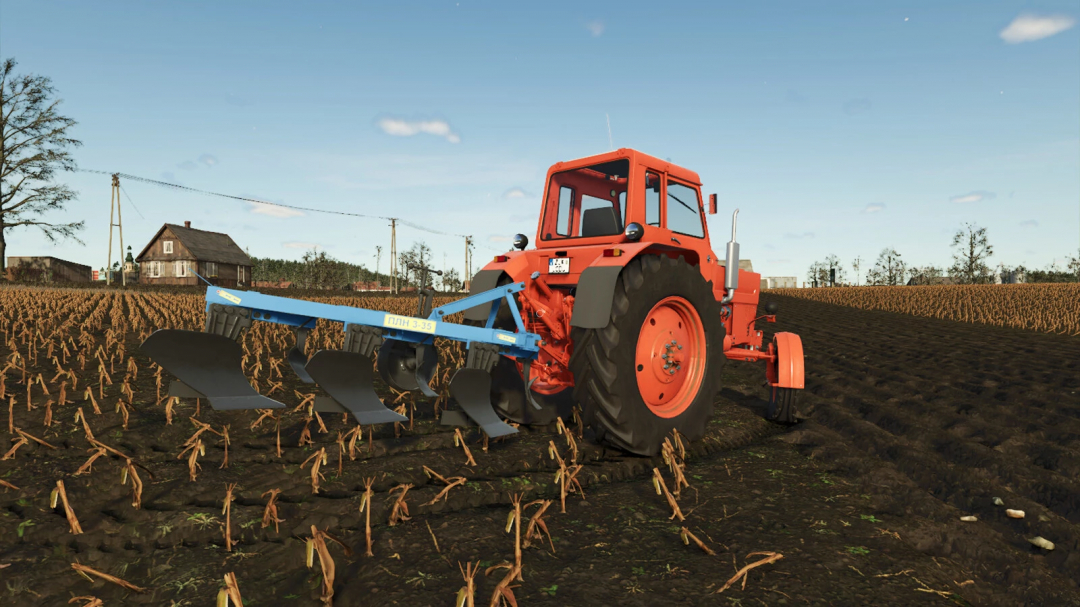 FS25 mod PLN Plows Pack v1.0.0.0 showing a red tractor with plows in a field.