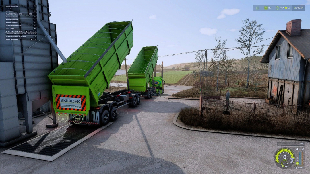 RODOTREM BASCULANTE GRANDE mod in FS25 with two green trailers unloading on a farm.