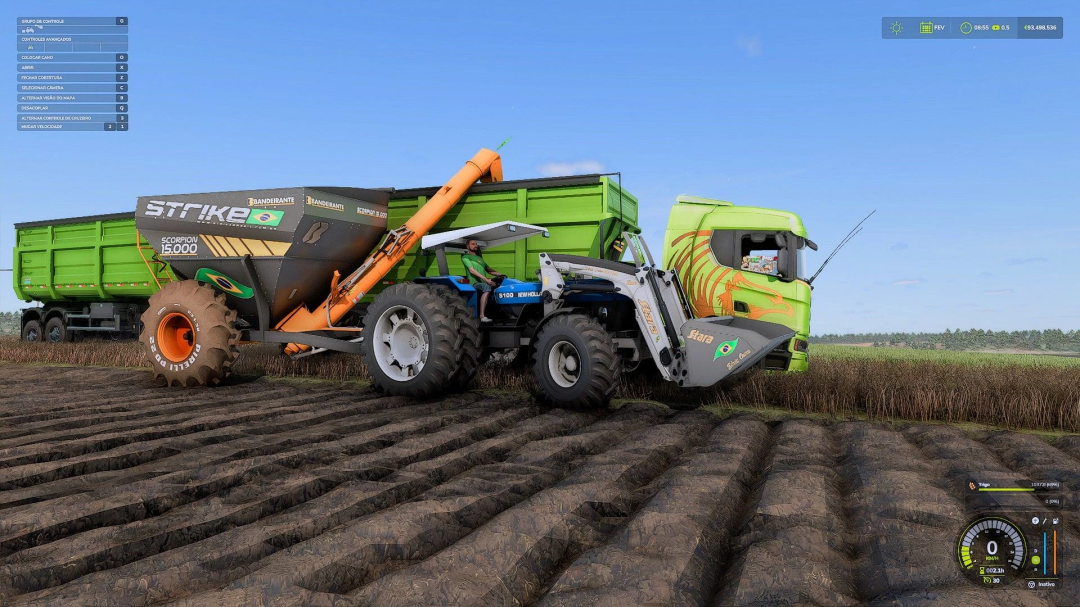 FS25 mod RODOTREM BASCULANTE GRANDE v1.0.0.1 features a tractor loading a large green trailer in a field.