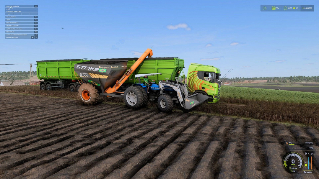 FS25 mod RODOTREM BASCULANTE GRANDE with tractor and trailer on farm field.