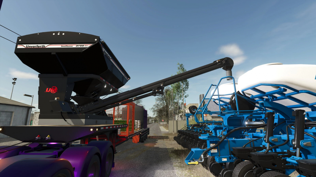 FS25 mod Seed Runner v1.0.0.0 showing a seed tender trailer with conveyer loading seed into a blue planter in Farming Simulator 25.